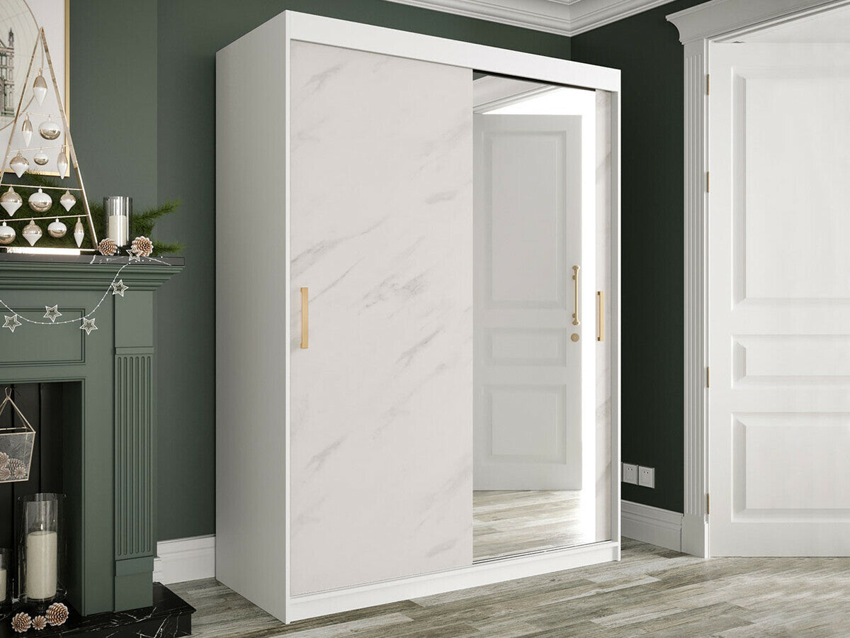 Gardróbszekrény 150 MARMUR T2 (Nemnnus T2 150), Szín: Matt fehér + Fehér márvány, Fiókok: Igen