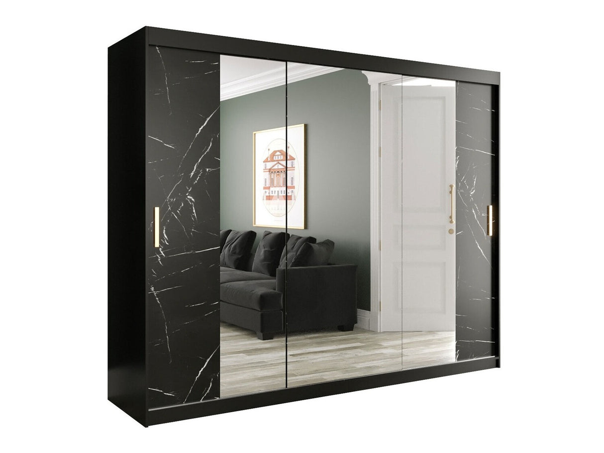 Gardróbszekrény 250 MARMUR T2 (Nemnnus T2 250), Szín: Matt fekete + Fekete márvány, Fiókok: Nem
