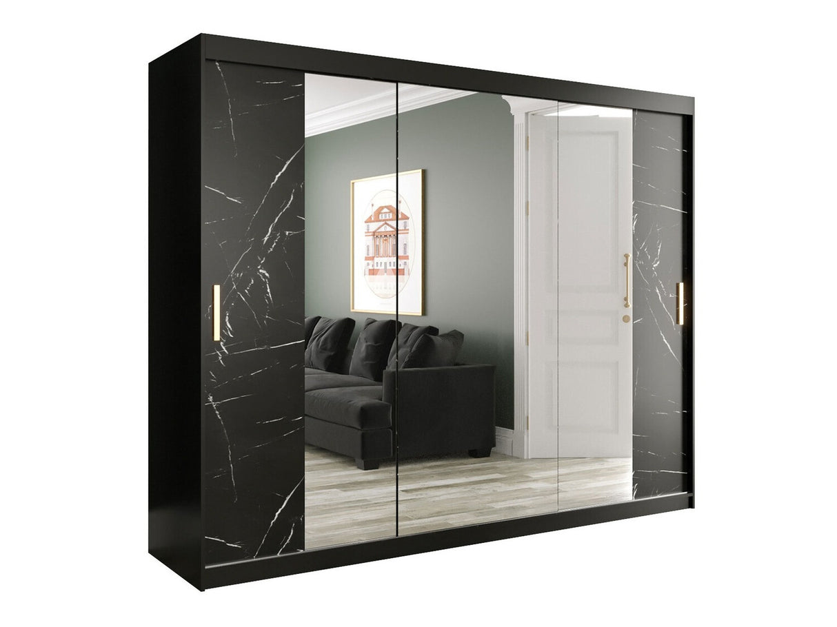 Gardróbszekrény 250 MARMUR T2 (Nemnnus T2 250), Szín: Matt fekete + Fekete márvány, Fiókok: Igen