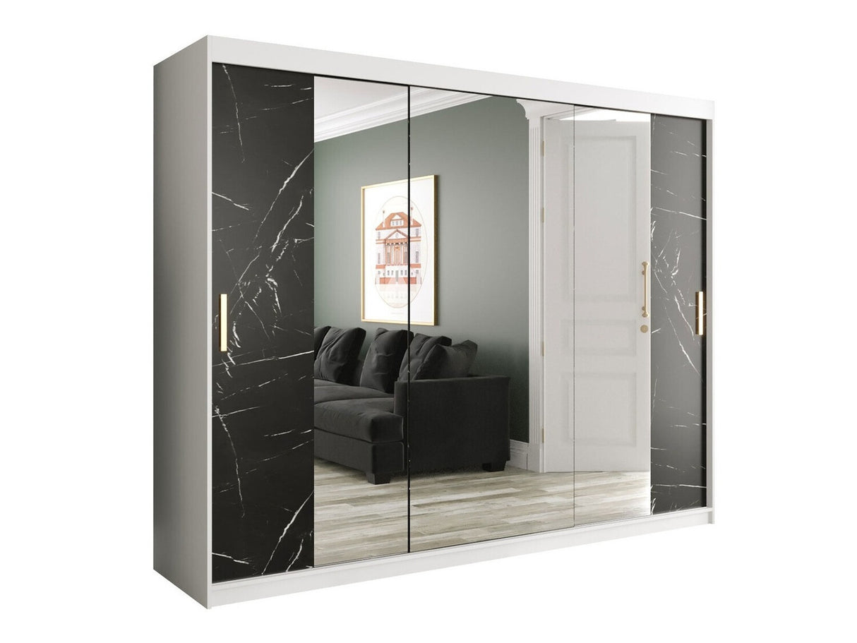 Gardróbszekrény 250 MARMUR T2 (Nemnnus T2 250), Szín: Matt fehér + Fekete márvány, Fiókok: Nem