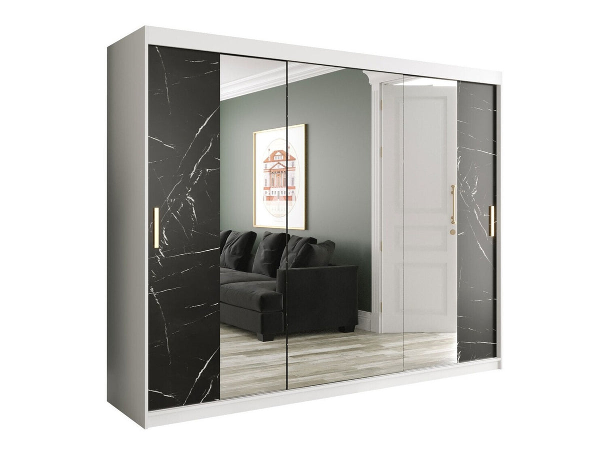 Gardróbszekrény 250 MARMUR T2 (Nemnnus T2 250), Szín: Matt fehér + Fekete márvány, Fiókok: Igen