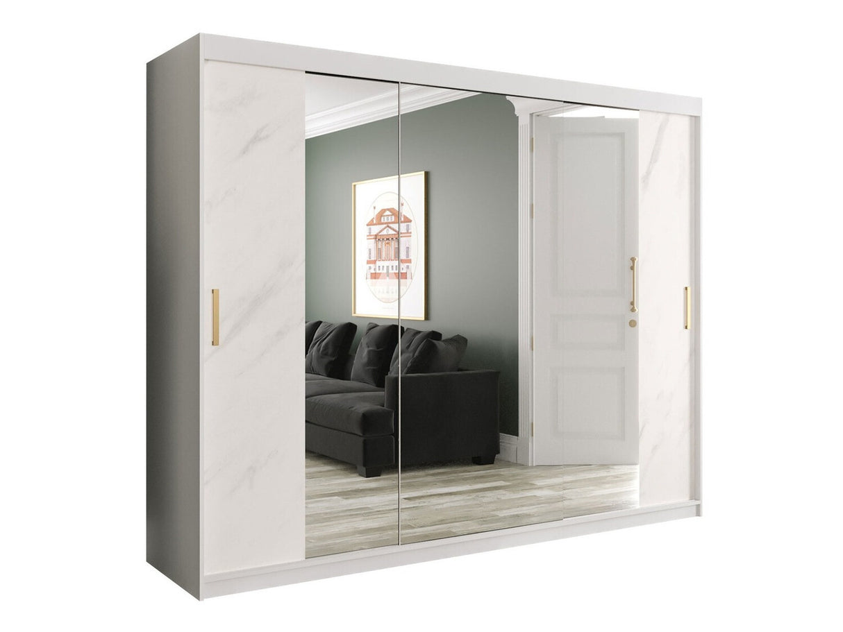 Gardróbszekrény 250 MARMUR T2 (Nemnnus T2 250), Szín: Matt fehér + Fehér márvány, Fiókok: Nem