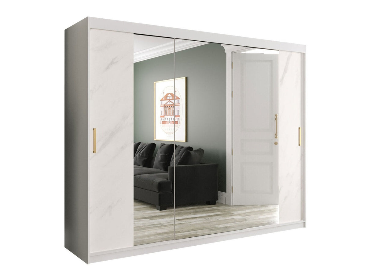 Gardróbszekrény 250 MARMUR T2 (Nemnnus T2 250), Szín: Matt fehér + Fehér márvány, Fiókok: Igen