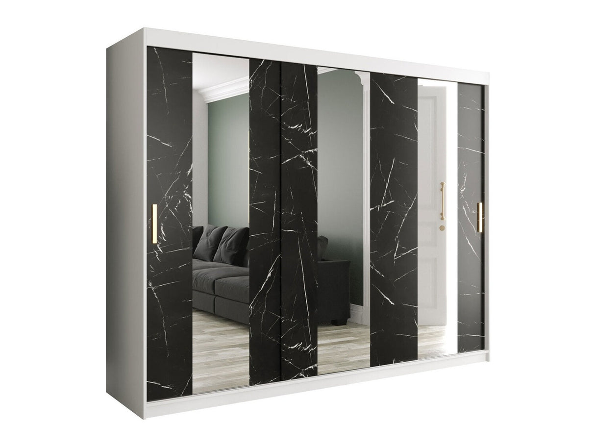 Gardróbszekrény 250 MARMUR POLE (Nemnnus 250), Szín: Matt fehér + Fekete márvány, Fiókok: Nem