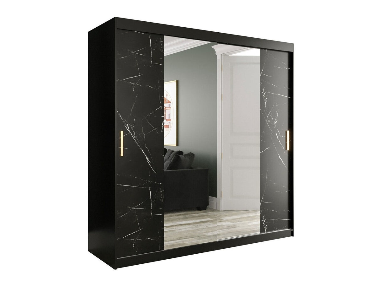 Gardróbszekrény 200 MARMUR T1 (Nemnnus T1 200), Szín: Matt fekete + Fekete márvány, Fiókok: Igen