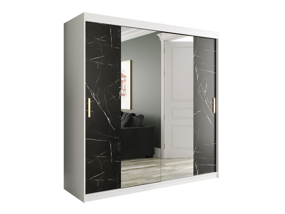 Gardróbszekrény 200 MARMUR T1 (Nemnnus T1 200), Szín: Matt fehér + Fekete márvány, Fiókok: Nem