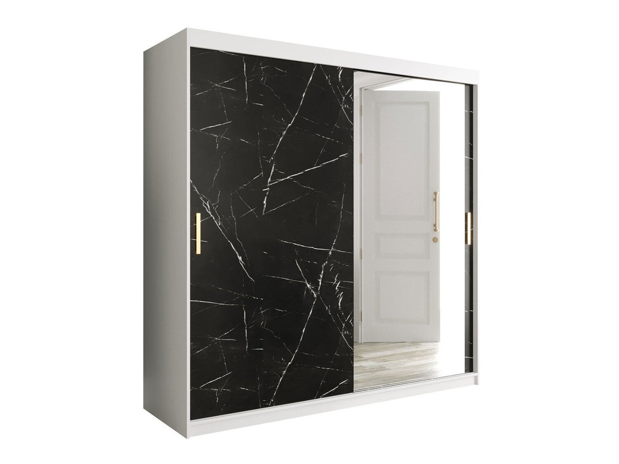 Gardróbszekrény 200 MARMUR T2 (Nemnnus T2 200), Szín: Matt fehér + Fekete márvány, Fiókok: Nem