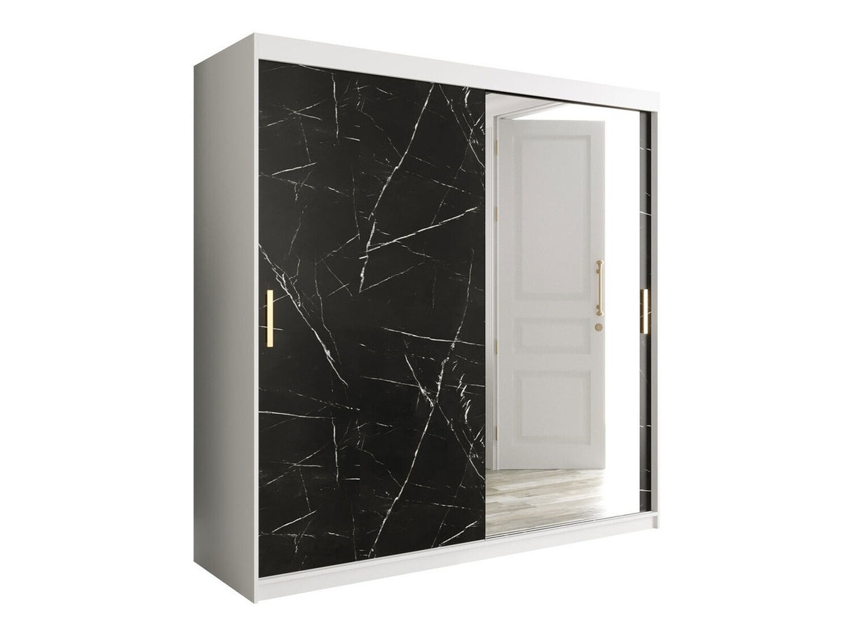 Gardróbszekrény 200 MARMUR T2 (Nemnnus T2 200), Szín: Matt fehér + Fekete márvány, Fiókok: Igen