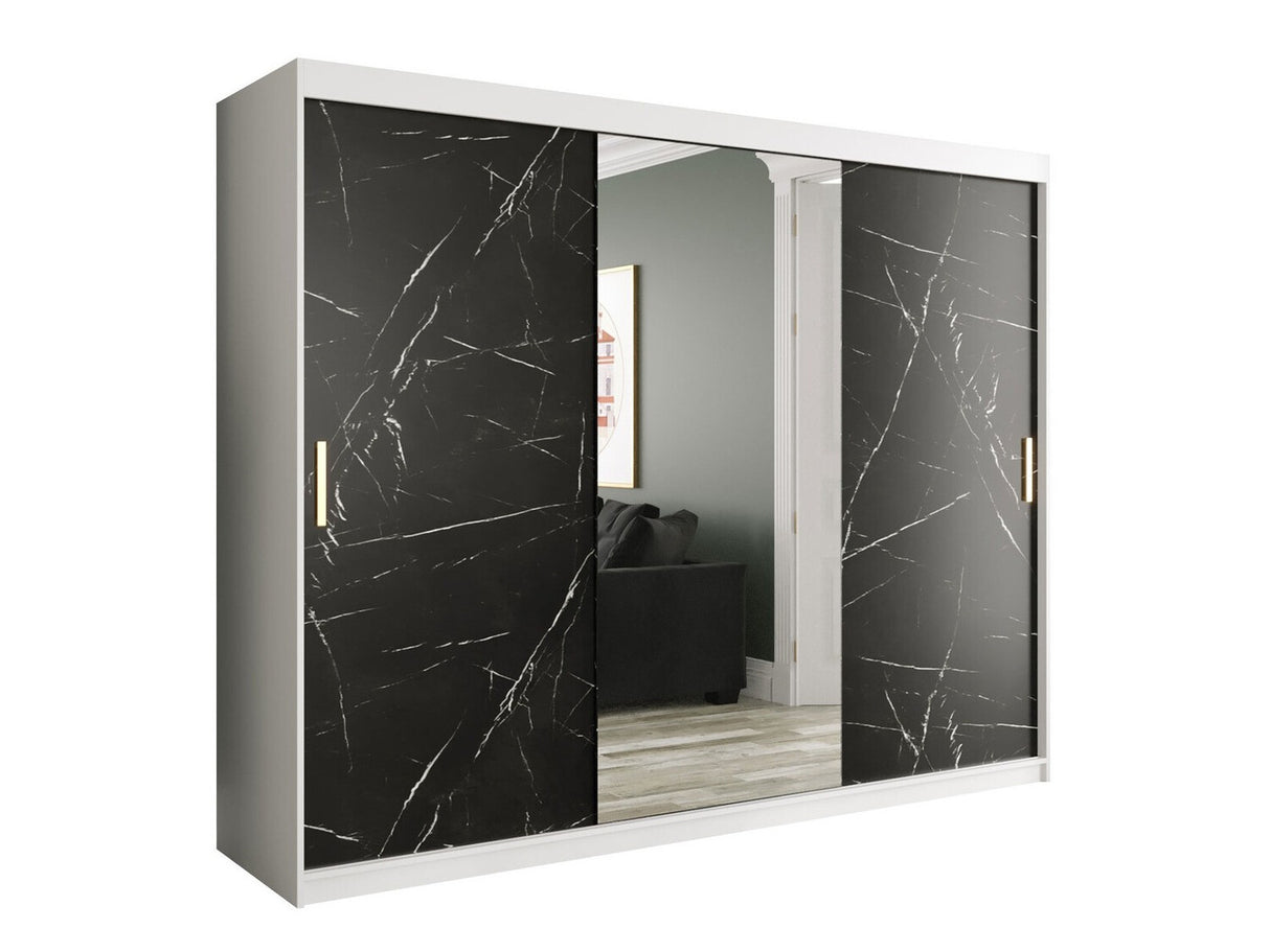 Gardróbszekrény 250 MARMUR T1 (Nemnnus T1 250), Szín: Matt fehér + Fekete márvány, Fiókok: Igen