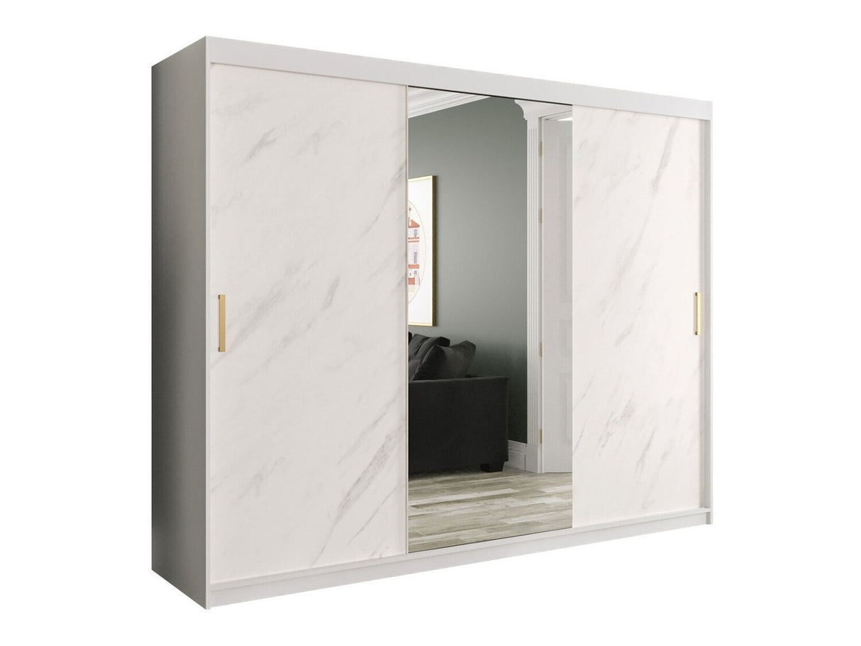 Gardróbszekrény 250 MARMUR T1 (Nemnnus T1 250), Szín: Matt fehér + Fehér márvány, Fiókok: Igen