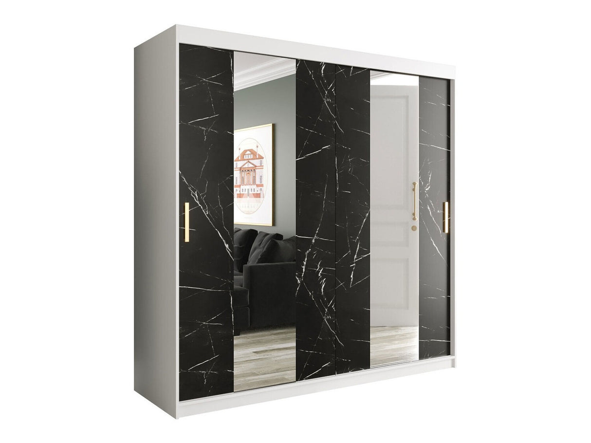 Gardróbszekrény 200 MARMUR POLE (Nemnnus 200), Szín: Matt fehér + Fekete márvány, Fiókok: Igen