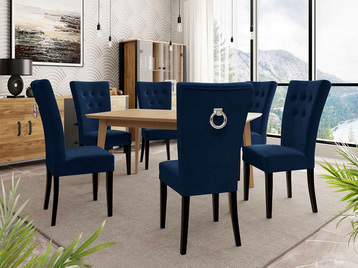 Étkezőgarnitúra Zestaw 09 6xS67 SKANDI 140x80, Szék színe: Fekete + Magic Velvet 2216, Asztal színe: Fekete, Színes dekorációk: Ezüst