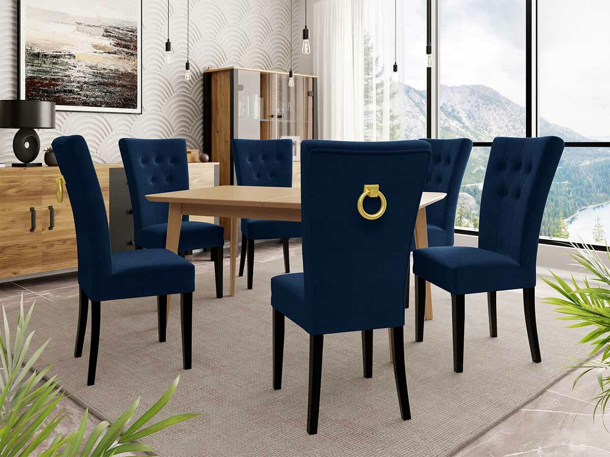 Étkezőgarnitúra Zestaw 09 6xS67 SKANDI 140x80, Szék színe: Fekete + Magic Velvet 2216, Asztal színe: Barna, Színes dekorációk: Aranysárga