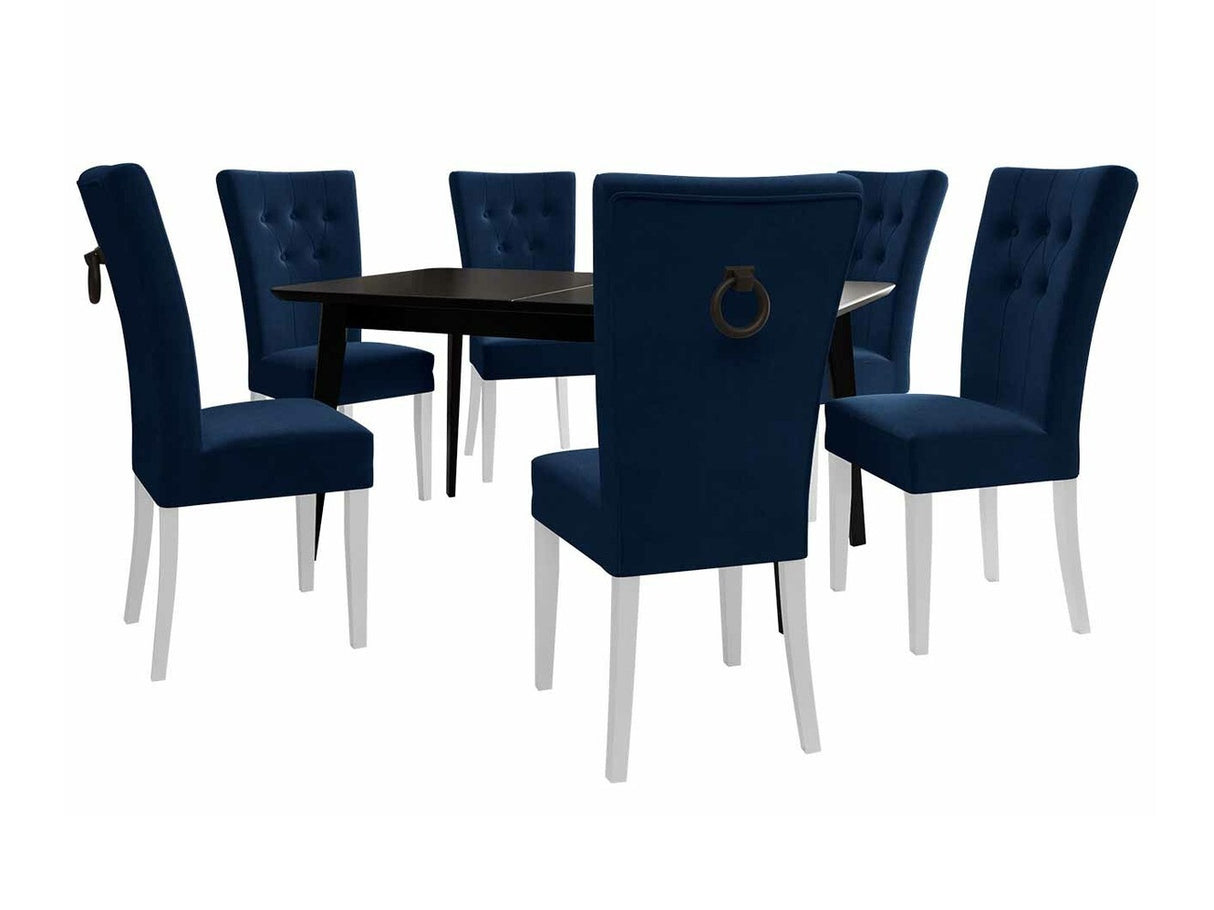 Étkezőgarnitúra Zestaw 09 6xS67 SKANDI 140x80, Szék színe: Fehér + Magic Velvet 2216, Asztal színe: Fekete, Színes dekorációk: Fekete
