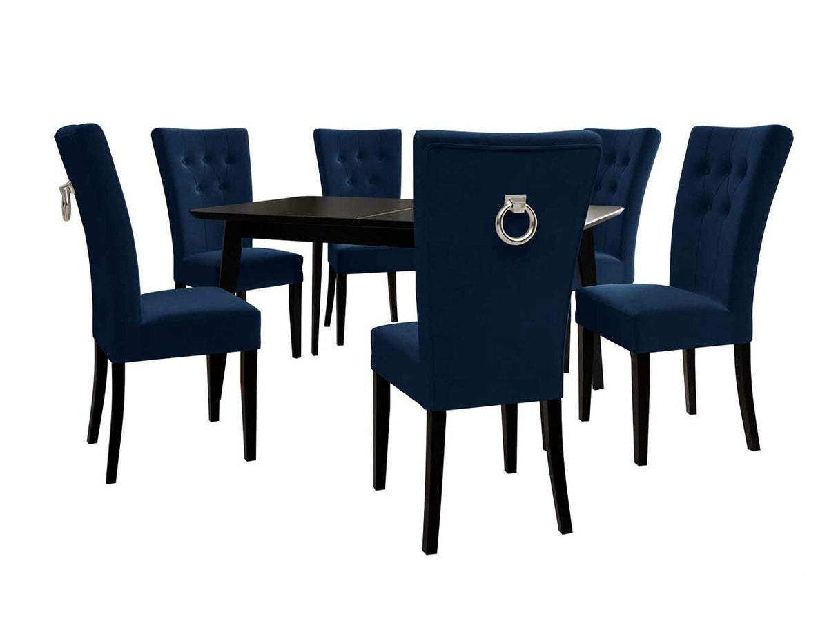 Étkezőgarnitúra Zestaw 09 6xS67 SKANDI 140x80, Szék színe: Fehér + Magic Velvet 2216, Asztal színe: Fekete, Színes dekorációk: Ezüst