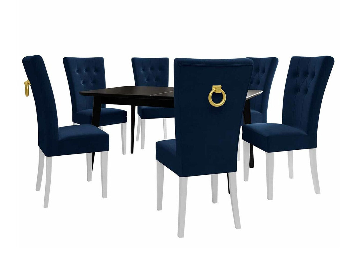 Étkezőgarnitúra Zestaw 09 6xS67 SKANDI 140x80, Szék színe: Fehér + Magic Velvet 2216, Asztal színe: Fekete, Színes dekorációk: Aranysárga