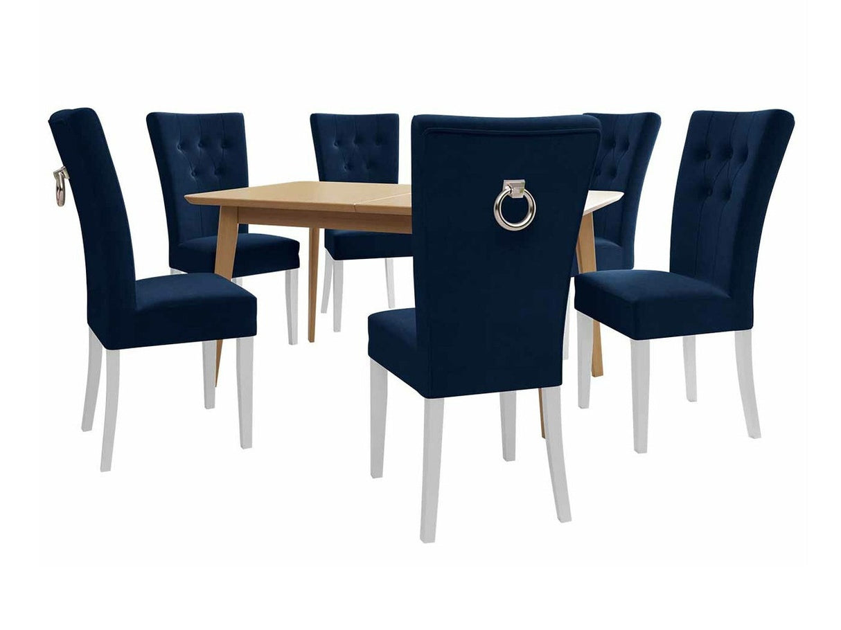 Étkezőgarnitúra Zestaw 09 6xS67 SKANDI 140x80, Szék színe: Fehér + Magic Velvet 2216, Asztal színe: Barna, Színes dekorációk: Ezüst