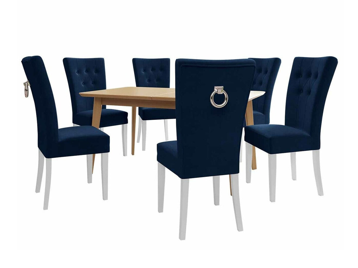 Étkezőgarnitúra Zestaw 09 6xS67 SKANDI 140x80, Szék színe: Fehér + Magic Velvet 2216, Asztal színe: Barna, Színes dekorációk: Aranysárga