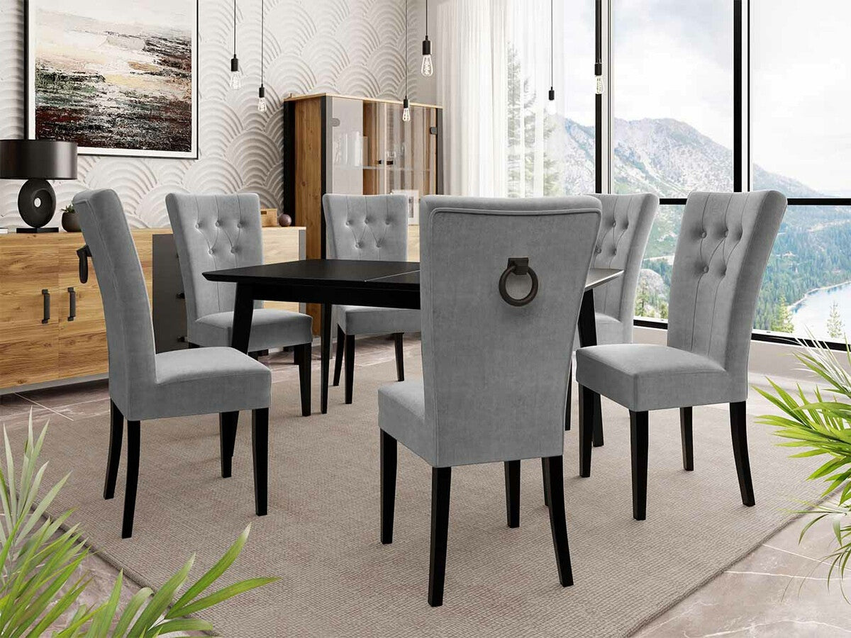 Étkezőgarnitúra Zestaw 09 6xS67 SKANDI 140x80, Szék színe: Fekete + Magic Velvet 2217, Asztal színe: Fekete, Színes dekorációk: Fekete
