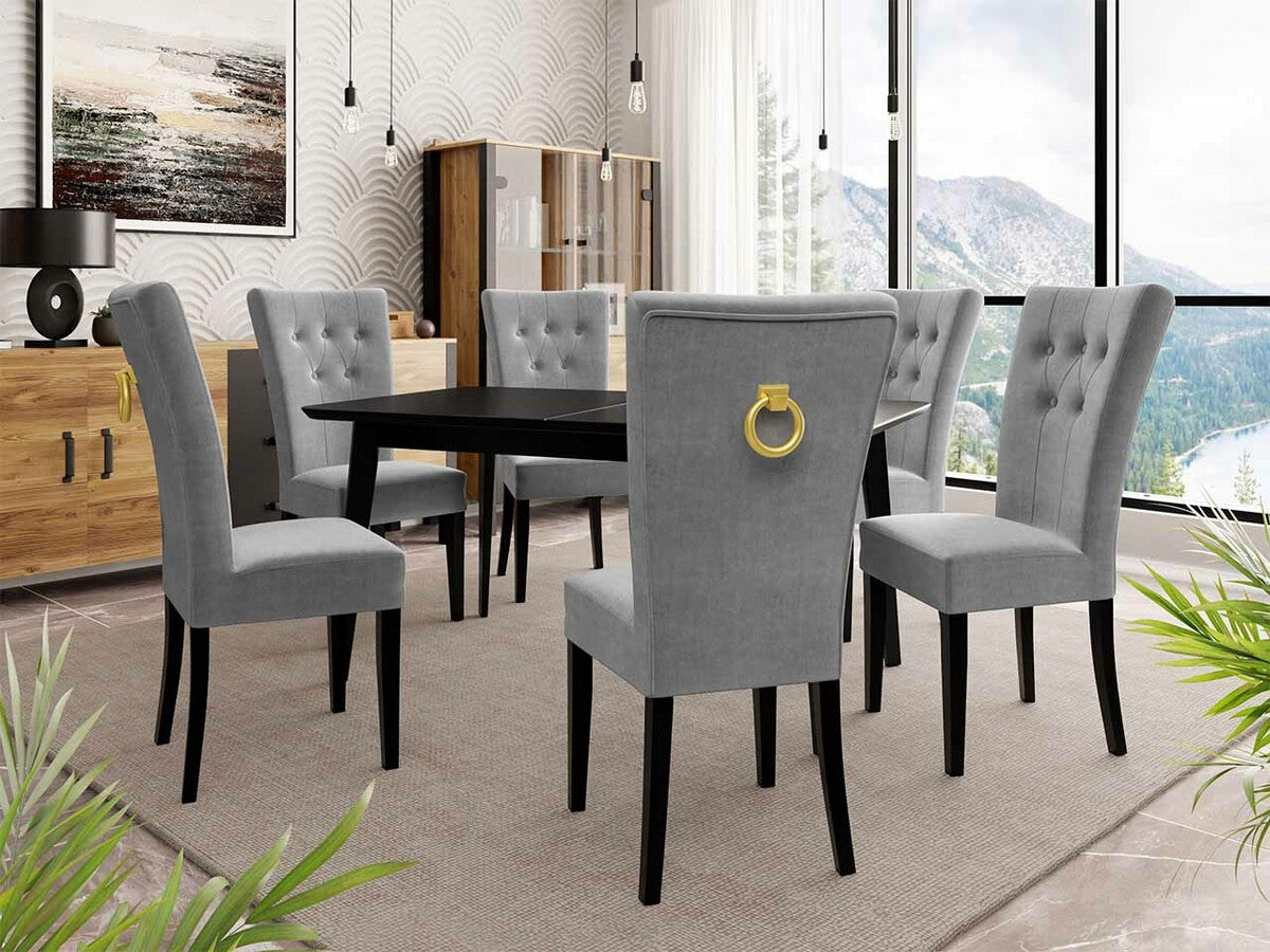 Étkezőgarnitúra Zestaw 09 6xS67 SKANDI 140x80, Szék színe: Fekete + Magic Velvet 2217, Asztal színe: Fekete, Színes dekorációk: Aranysárga