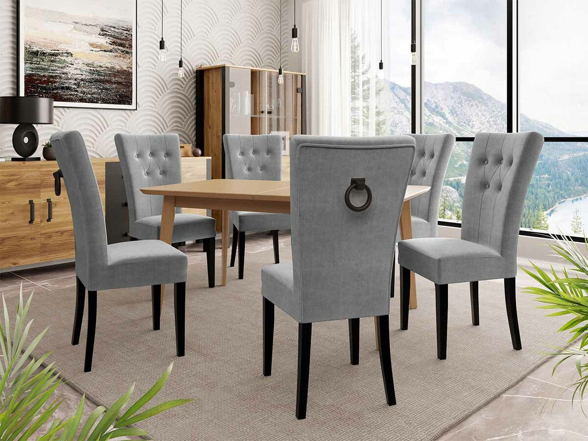 Étkezőgarnitúra Zestaw 09 6xS67 SKANDI 140x80, Szék színe: Fekete + Magic Velvet 2217, Asztal színe: Barna, Színes dekorációk: Fekete