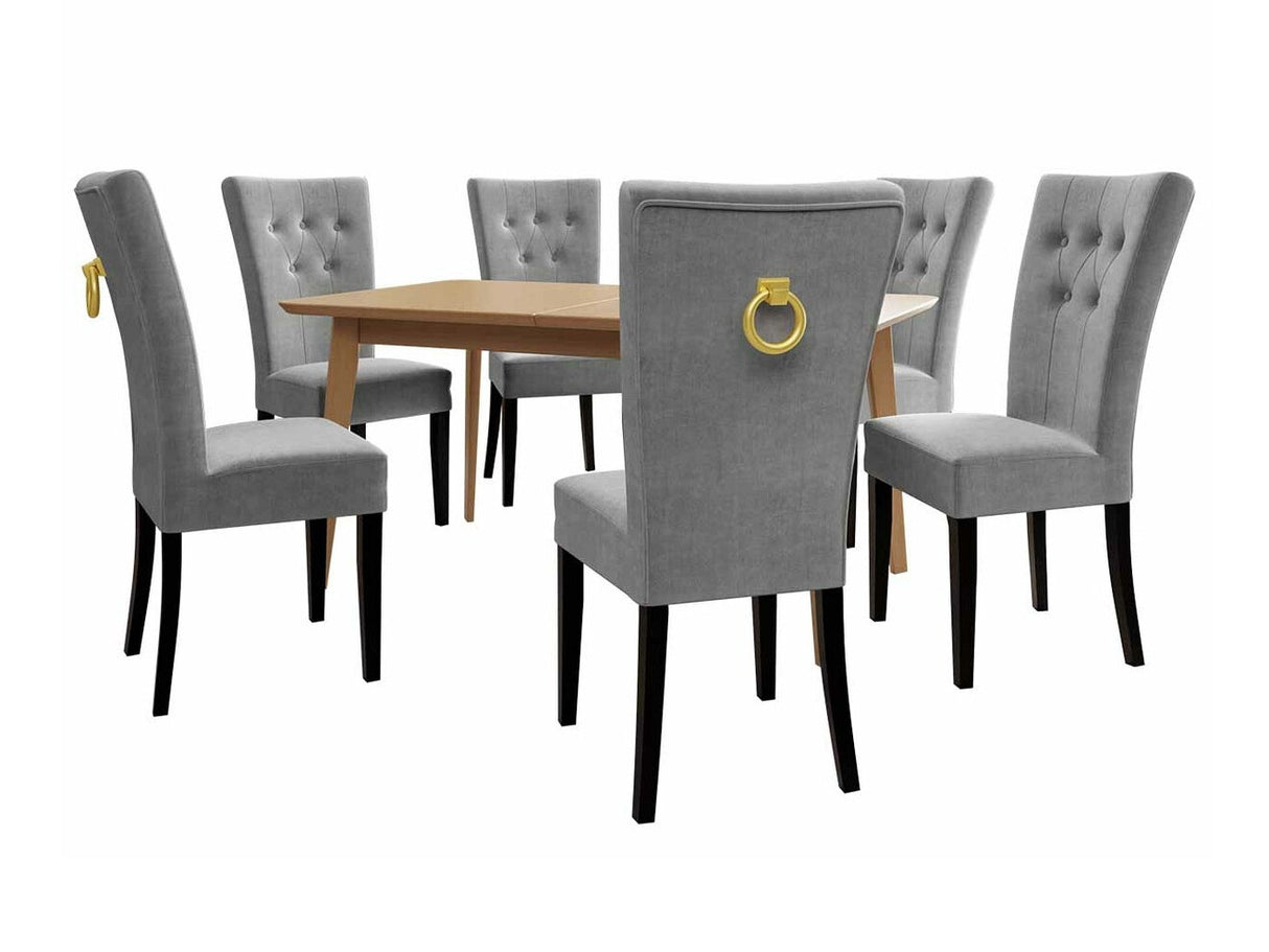 Étkezőgarnitúra Zestaw 09 6xS67 SKANDI 140x80, Szék színe: Fekete + Magic Velvet 2217, Asztal színe: Barna, Színes dekorációk: Aranysárga