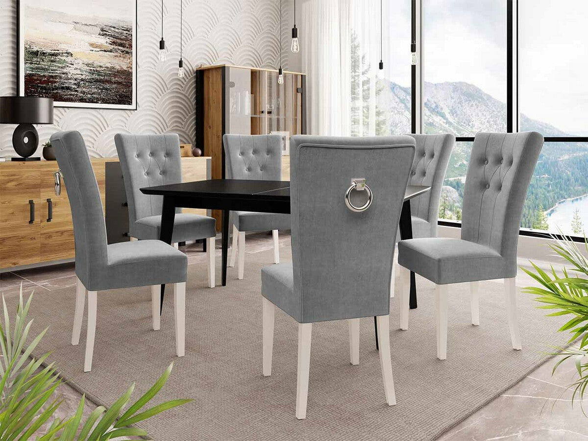 Étkezőgarnitúra Zestaw 09 6xS67 SKANDI 140x80, Szék színe: Fehér + Magic Velvet 2217, Asztal színe: Fekete, Színes dekorációk: Ezüst