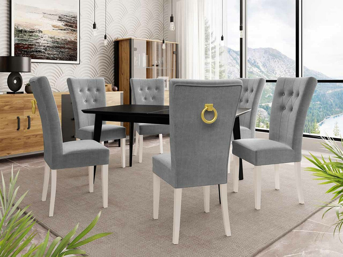Étkezőgarnitúra Zestaw 09 6xS67 SKANDI 140x80, Szék színe: Fehér + Magic Velvet 2217, Asztal színe: Fekete, Színes dekorációk: Aranysárga