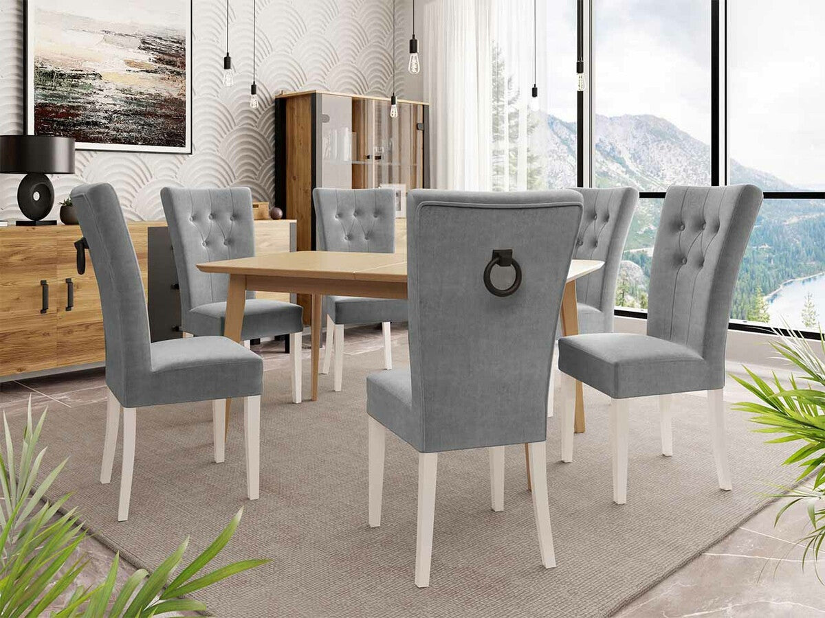 Étkezőgarnitúra Zestaw 09 6xS67 SKANDI 140x80, Szék színe: Fehér + Magic Velvet 2217, Asztal színe: Barna, Színes dekorációk: Fekete