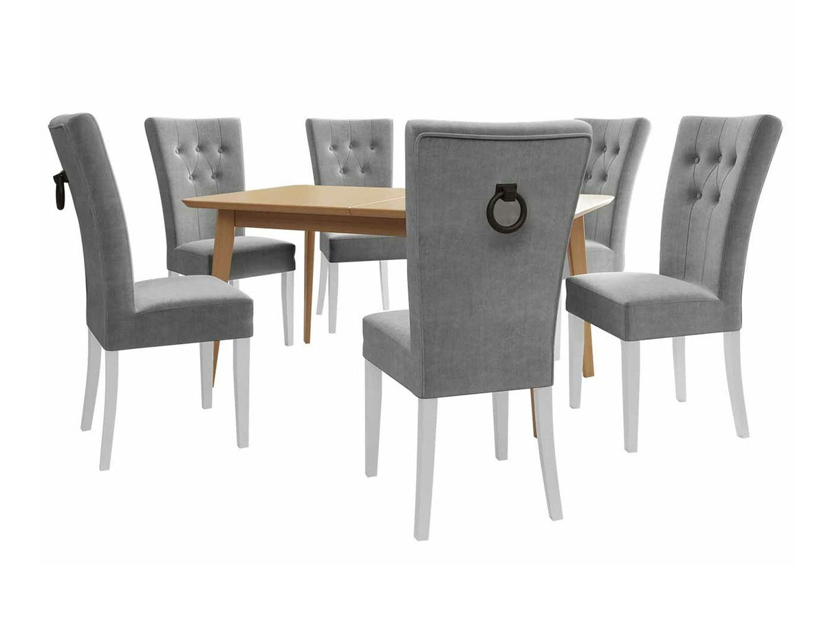 Étkezőgarnitúra Zestaw 09 6xS67 SKANDI 140x80, Szék színe: Fehér + Magic Velvet 2217, Asztal színe: Barna, Színes dekorációk: Fekete