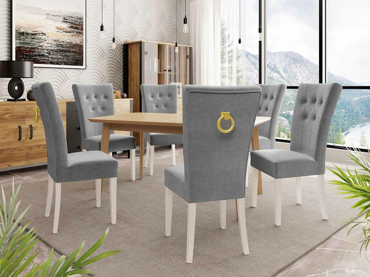 Étkezőgarnitúra Zestaw 09 6xS67 SKANDI 140x80, Szék színe: Fehér + Magic Velvet 2217, Asztal színe: Barna, Színes dekorációk: Aranysárga