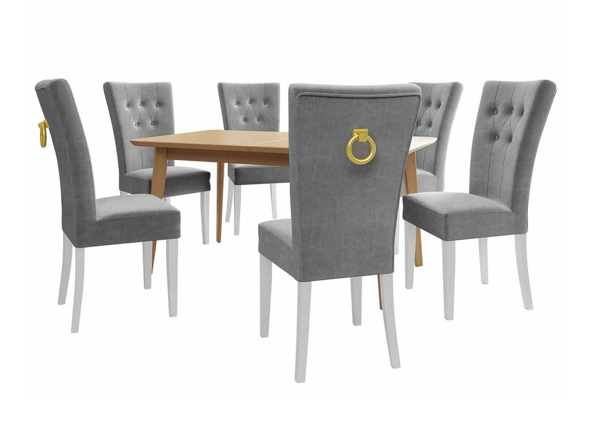 Étkezőgarnitúra Zestaw 09 6xS67 SKANDI 140x80, Szék színe: Fehér + Magic Velvet 2217, Asztal színe: Barna, Színes dekorációk: Aranysárga