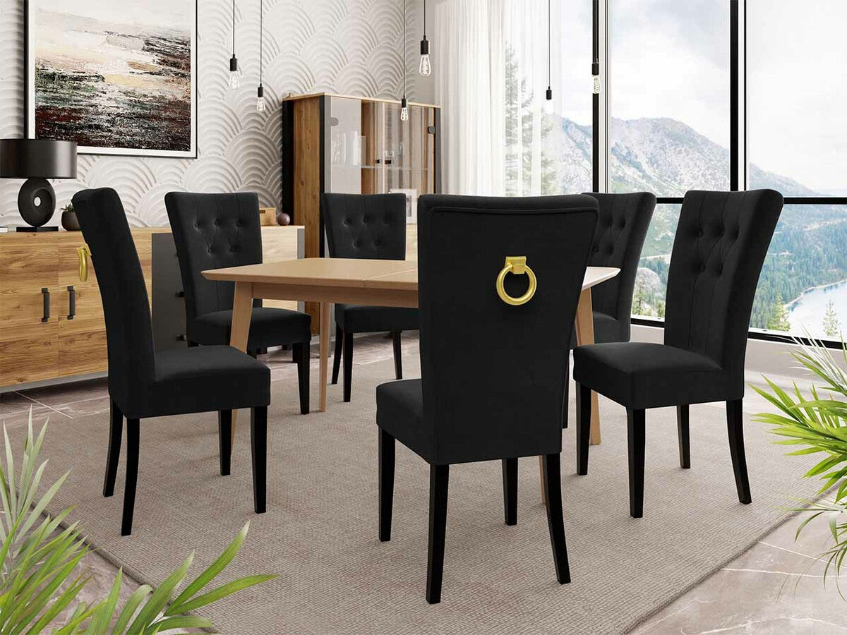 Étkezőgarnitúra Zestaw 09 6xS67 SKANDI 140x80, Szék színe: Fekete + Magic Velvet 2219, Asztal színe: Barna, Színes dekorációk: Aranysárga