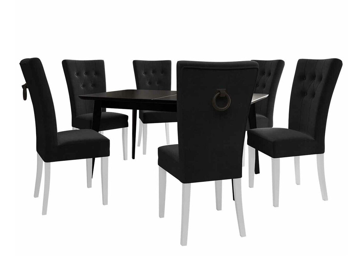 Étkezőgarnitúra Zestaw 09 6xS67 SKANDI 140x80, Szék színe: Fehér + Magic Velvet 2219, Asztal színe: Fekete, Színes dekorációk: Fekete