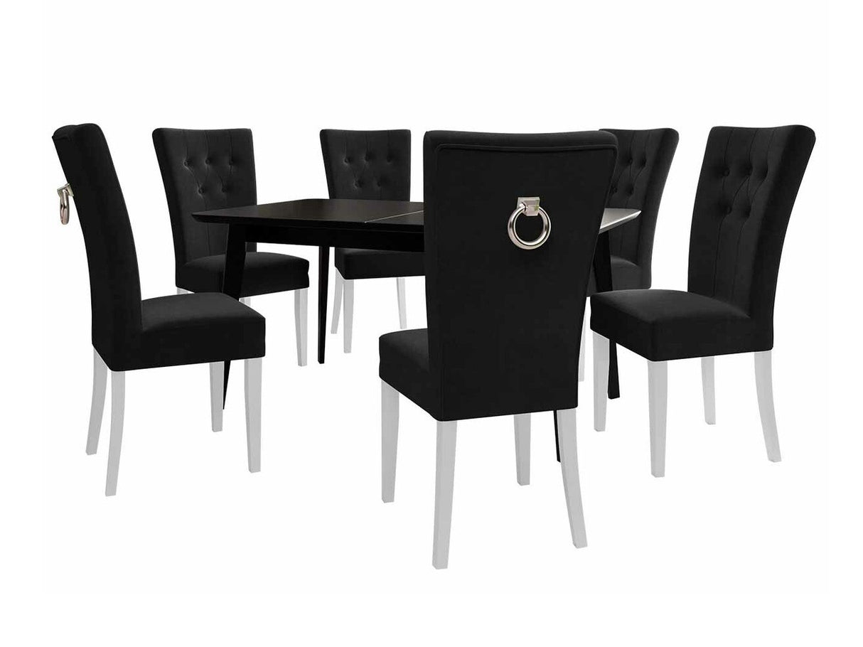 Étkezőgarnitúra Zestaw 09 6xS67 SKANDI 140x80, Szék színe: Fehér + Magic Velvet 2219, Asztal színe: Fekete, Színes dekorációk: Ezüst