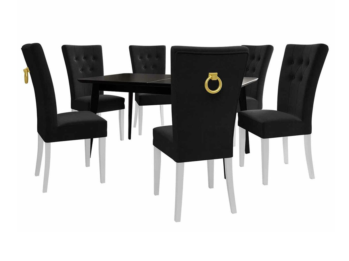 Étkezőgarnitúra Zestaw 09 6xS67 SKANDI 140x80, Szék színe: Fehér + Magic Velvet 2219, Asztal színe: Fekete, Színes dekorációk: Aranysárga