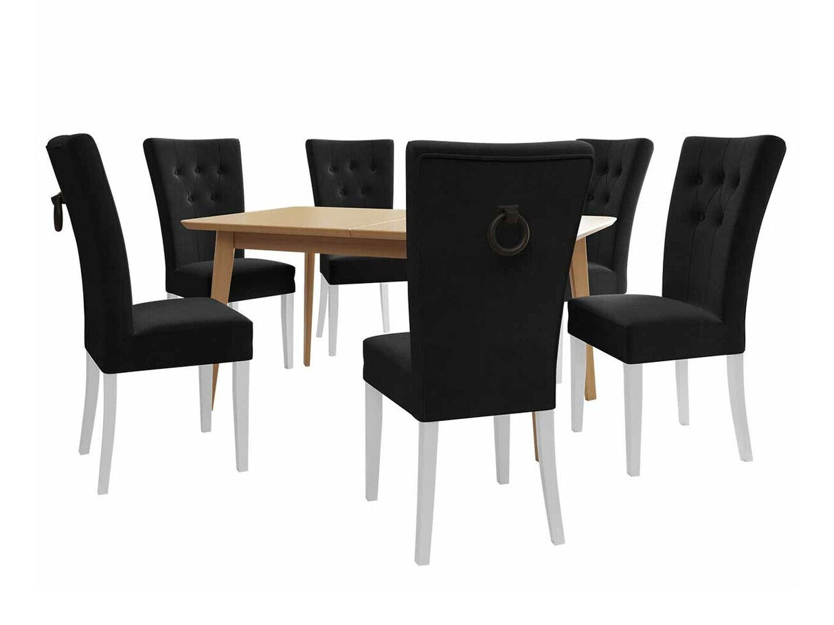 Étkezőgarnitúra Zestaw 09 6xS67 SKANDI 140x80, Szék színe: Fehér + Magic Velvet 2219, Asztal színe: Barna, Színes dekorációk: Fekete
