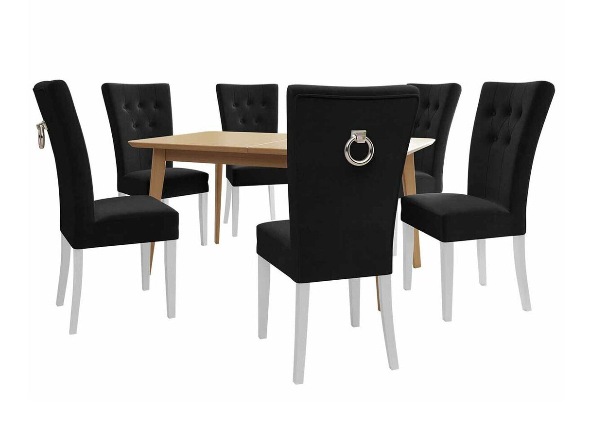 Étkezőgarnitúra Zestaw 09 6xS67 SKANDI 140x80, Szék színe: Fehér + Magic Velvet 2219, Asztal színe: Barna, Színes dekorációk: Ezüst