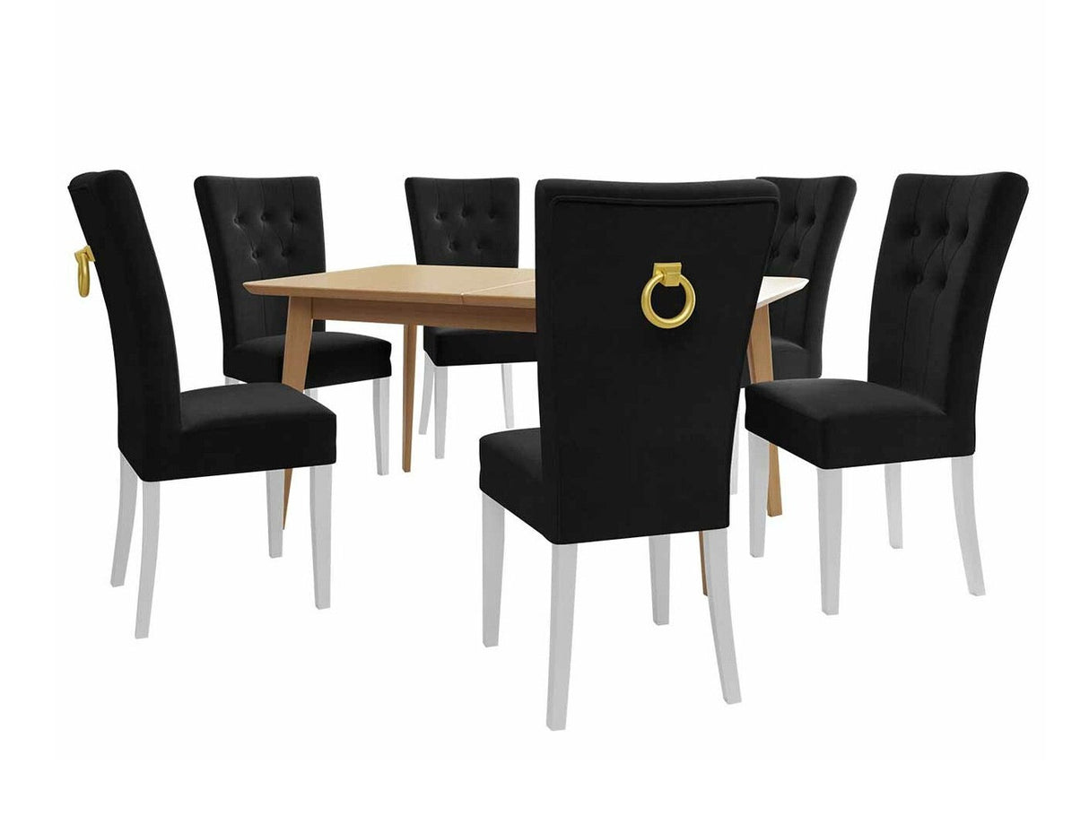 Étkezőgarnitúra Zestaw 09 6xS67 SKANDI 140x80, Szék színe: Fehér + Magic Velvet 2219, Asztal színe: Barna, Színes dekorációk: Aranysárga