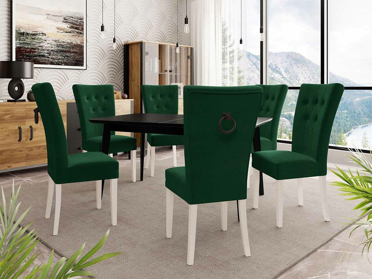 Étkezőgarnitúra Zestaw 09 6xS67 SKANDI 140x80, Szék színe: Fehér + Magic Velvet 2225, Asztal színe: Fekete, Színes dekorációk: Fekete