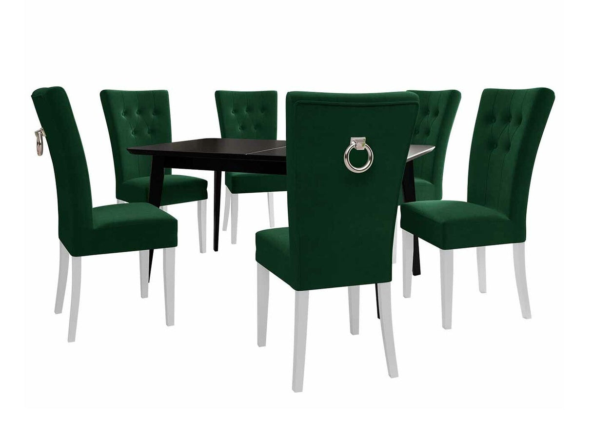 Étkezőgarnitúra Zestaw 09 6xS67 SKANDI 140x80, Szék színe: Fehér + Magic Velvet 2225, Asztal színe: Fekete, Színes dekorációk: Ezüst