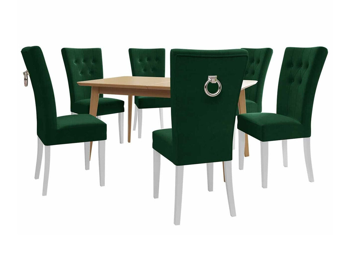 Étkezőgarnitúra Zestaw 09 6xS67 SKANDI 140x80, Szék színe: Fehér + Magic Velvet 2225, Asztal színe: Barna, Színes dekorációk: Ezüst