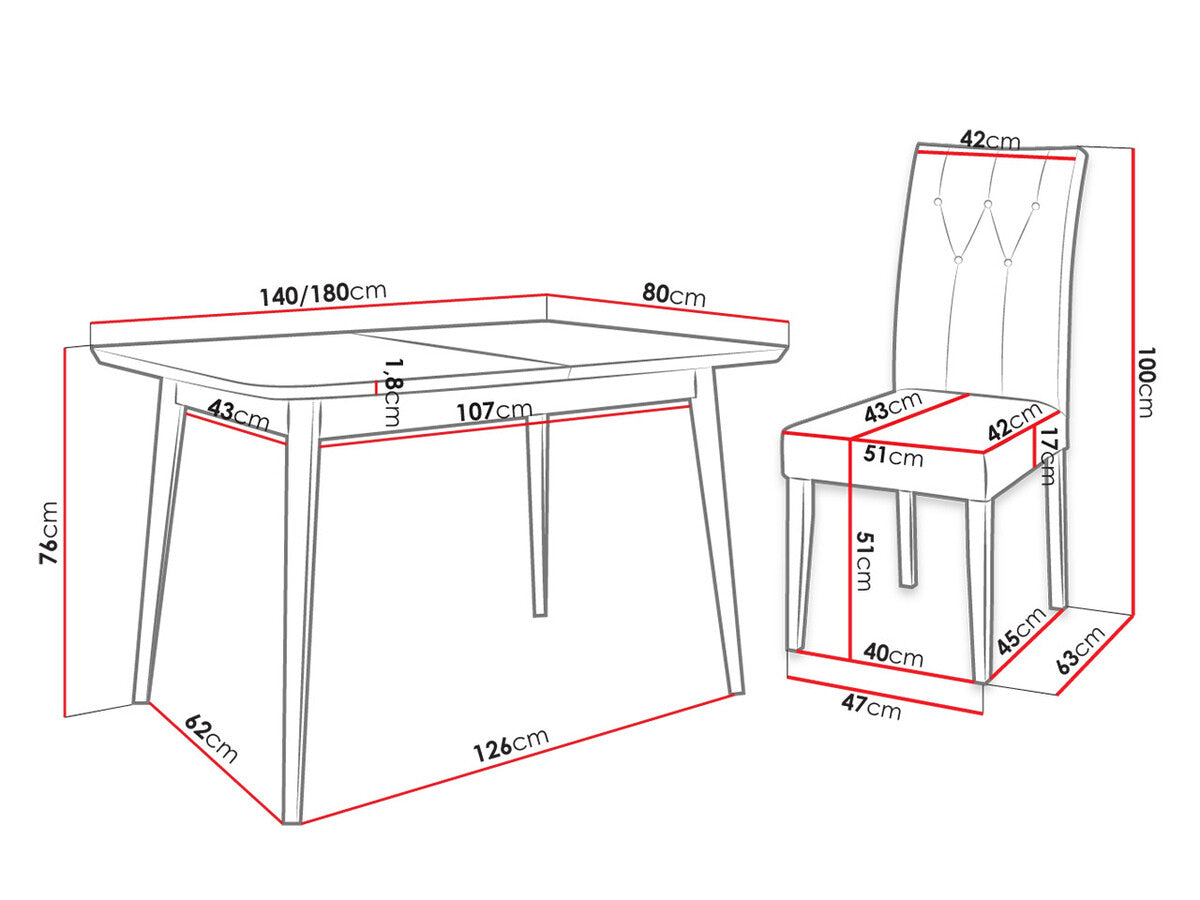 Étkezőgarnitúra Zestaw 09 6xS67 SKANDI 140x80, Szék színe: Fehér + Magic Velvet 2258, Asztal színe: Fekete, Színes dekorációk: Fekete
