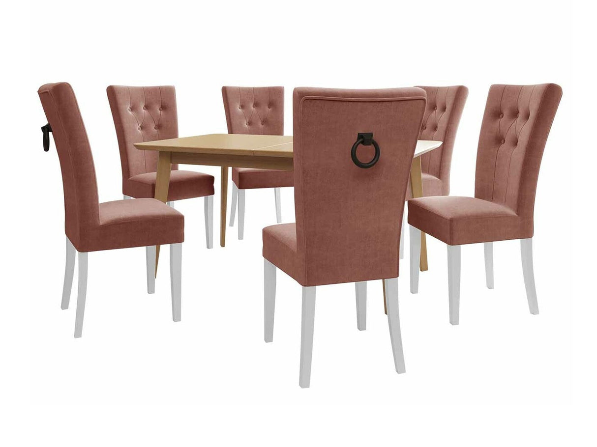 Étkezőgarnitúra Zestaw 09 6xS67 SKANDI 140x80, Szék színe: Fehér + Magic Velvet 2258, Asztal színe: Barna, Színes dekorációk: Fekete