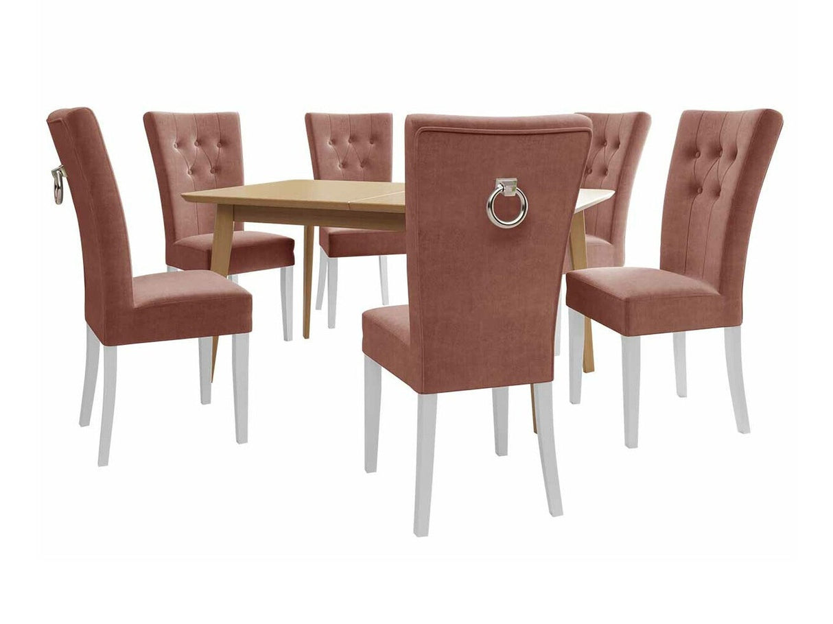 Étkezőgarnitúra Zestaw 09 6xS67 SKANDI 140x80, Szék színe: Fehér + Magic Velvet 2258, Asztal színe: Barna, Színes dekorációk: Ezüst