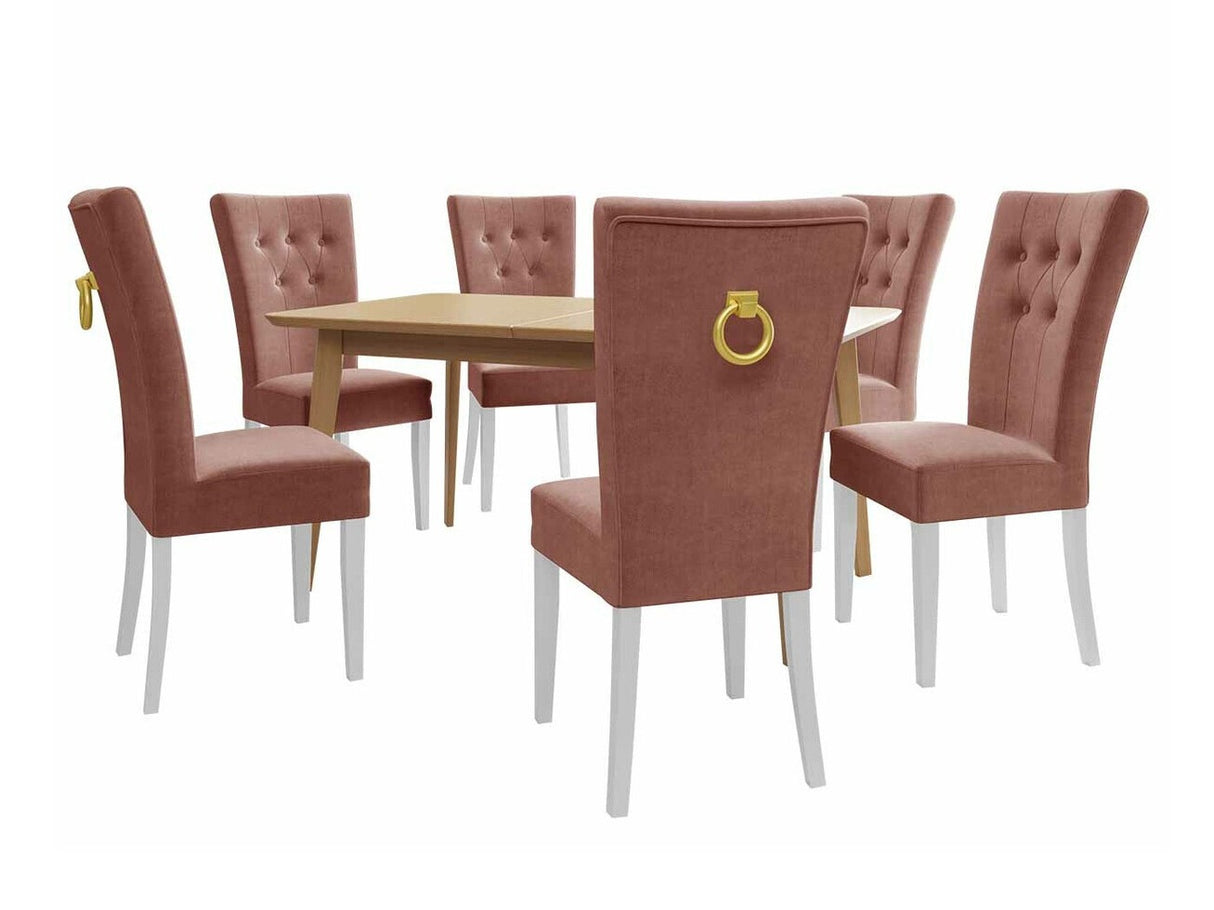 Étkezőgarnitúra Zestaw 09 6xS67 SKANDI 140x80, Szék színe: Fehér + Magic Velvet 2258, Asztal színe: Barna, Színes dekorációk: Aranysárga