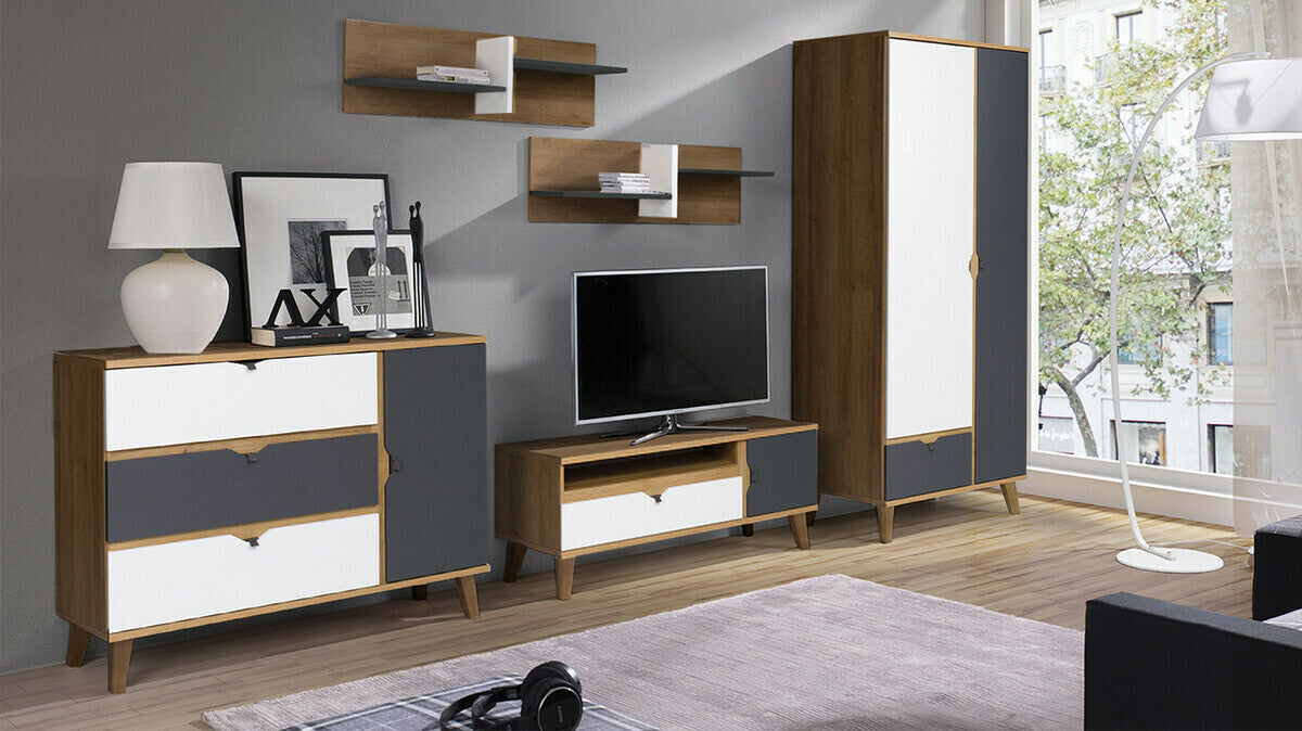 Komód MEMONE K1D3SZ (Temero), Szín: Arany tölgy + Grafit + Fehér