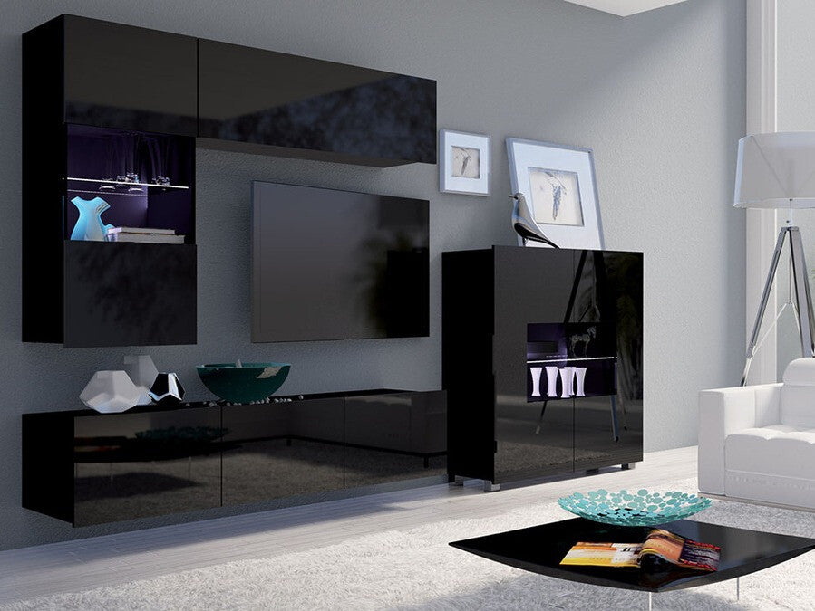 Szekrény Calabrini (Bralani BR01), Led világítás: Igen fehér, Szín: Fekete + Fényes fekete