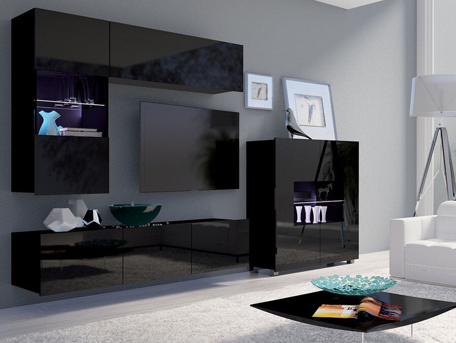 Szekrény Calabrini (Bralani BR01), Led világítás: Ez kék, Szín: Fekete + Fényes fekete