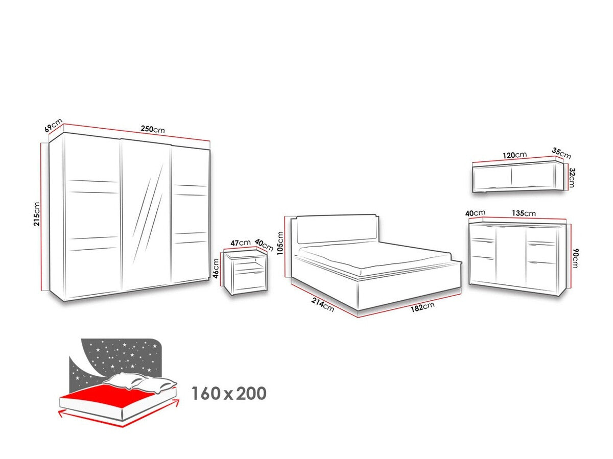 Hálószoba garnitúra Denver (Verdek VII), Led világítás: Igen, Szín: Monastery tölgy + Fényes fekete